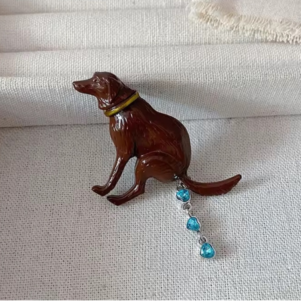 Anthropologie Brown Enamel Dog Brooch with Blue Gem Dangle